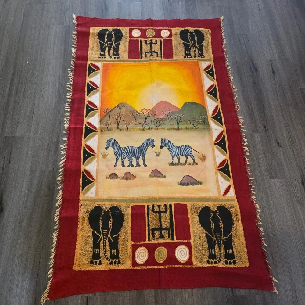 Hand Painted African Wall Hanging or Textile Safari Zebra Elephant Sunrise 36x60